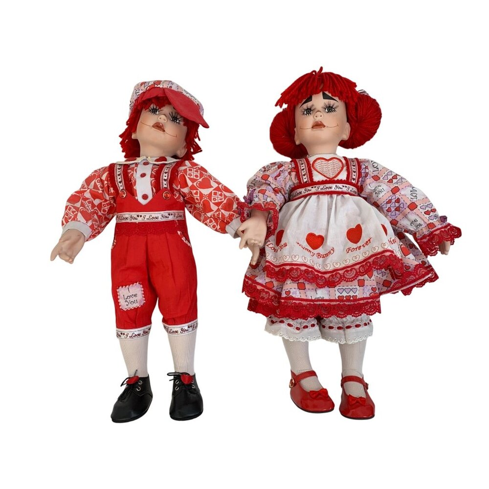 VTG Paradise Galleries 19" Porcelain Raggedy Ann & Andy Dolls Love-Themed